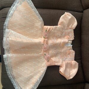 Peach Satin & Lace Flowered Baby Dress
